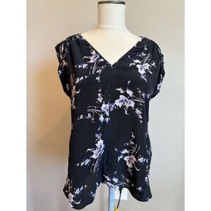 Rebecca Taylor Silk Black And Purple Floral Cap Sleeve Blouse Size 8 Keyhole Bac